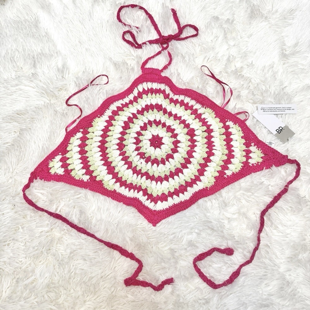 BP Pink White Green NEW Size XXS Handmade Crochet Handkerchief Festival Top - Picture 2 of 6